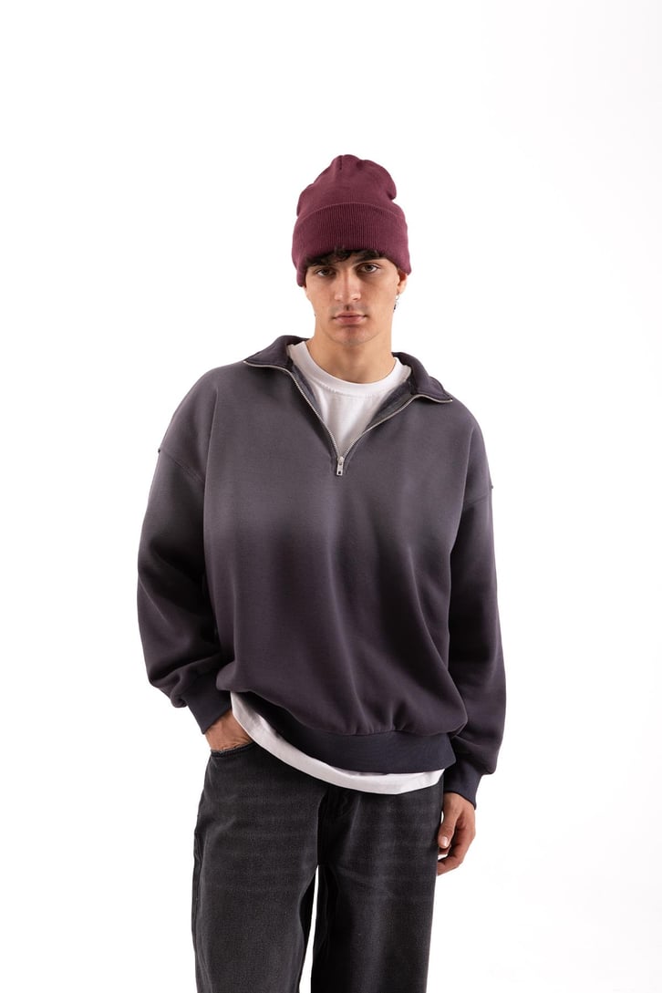 Yarım Fermuarlı Doube Color Füme Oversize Sweatshirt