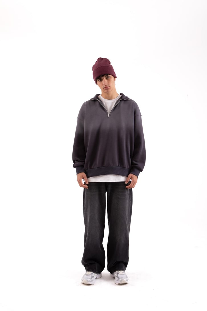 Yarım Fermuarlı Doube Color Füme Oversize Sweatshirt