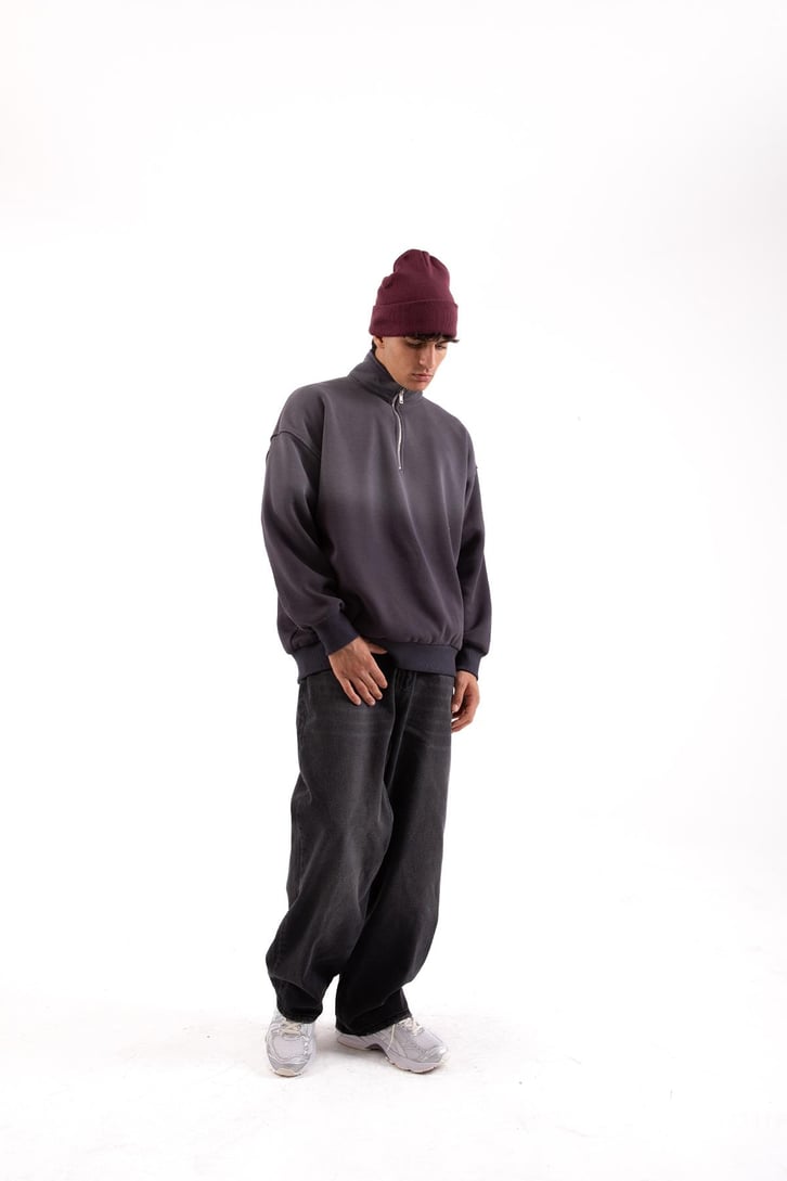 Yarım Fermuarlı Doube Color Füme Oversize Sweatshirt