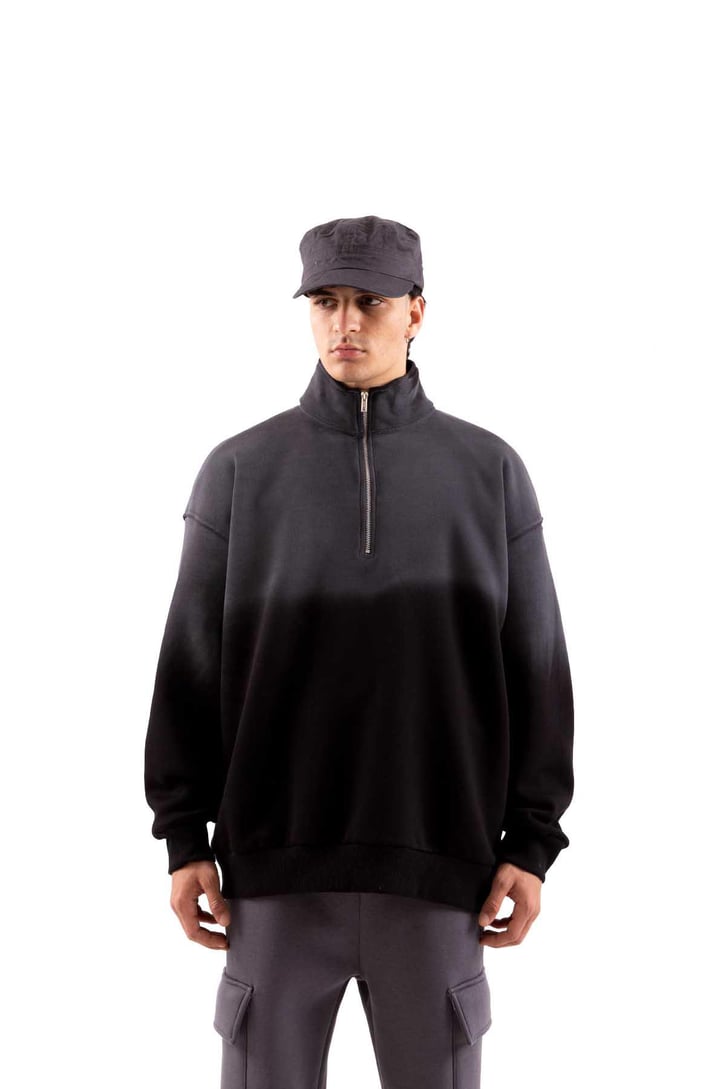 Yarım Fermuarlı Doube Color Siyah Oversize Sweatshirt