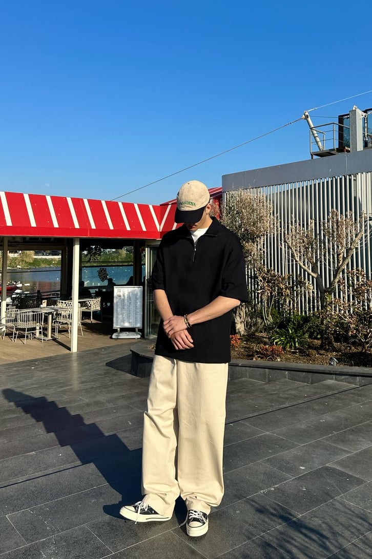 Yarım Fermuarlı Gri Oversize Tişört