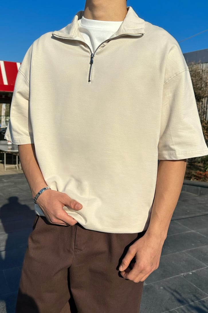 Yarım Fermuarlı Gri Oversize Tişört