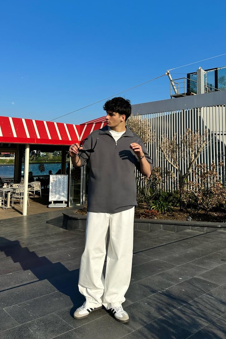 Yarım Fermuarlı Gri Oversize Tişört