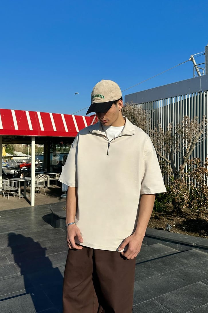 Yarım Fermuarlı Gri Oversize Tişört