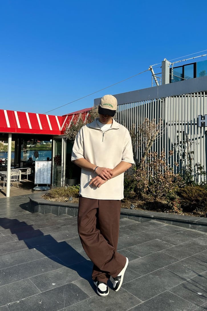 Yarım Fermuarlı Gri Oversize Tişört