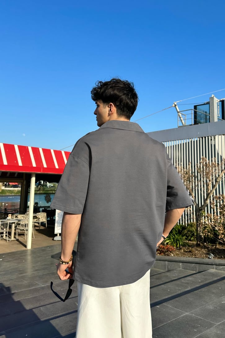 Yarım Fermuarlı Gri Oversize Tişört