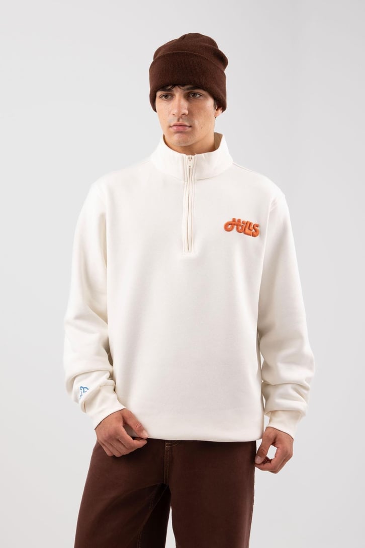 Yarım Fermuarlı Hills Nakışlı Ekru Oversize Sweatshirt