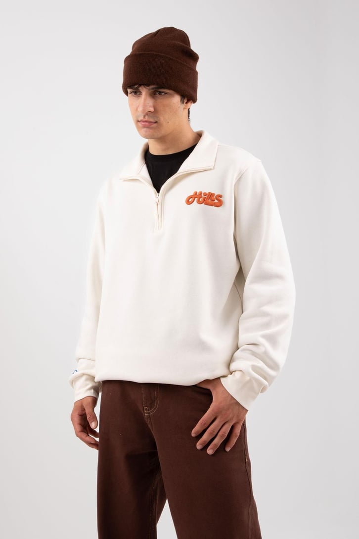Yarım Fermuarlı Hills Nakışlı Ekru Oversize Sweatshirt