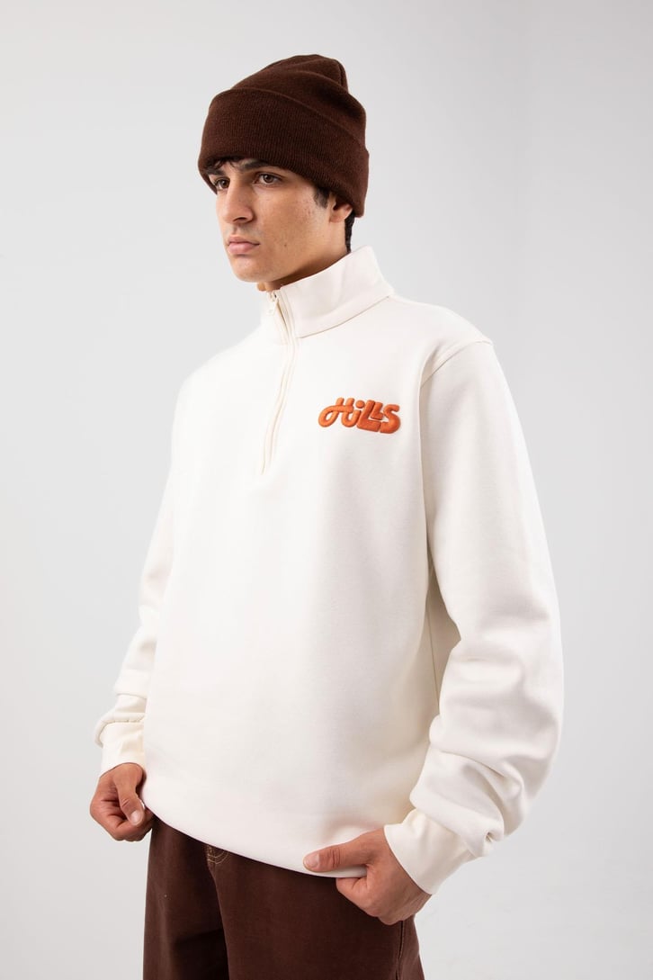 Yarım Fermuarlı Hills Nakışlı Ekru Oversize Sweatshirt
