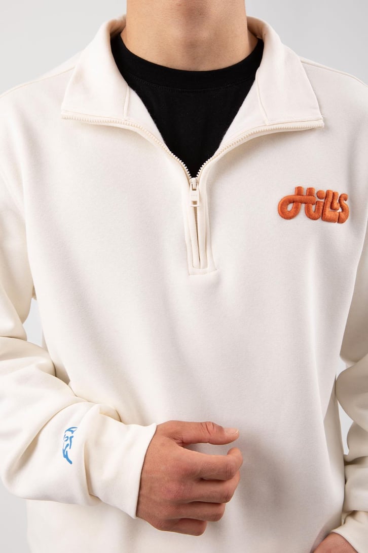 Yarım Fermuarlı Hills Nakışlı Ekru Oversize Sweatshirt