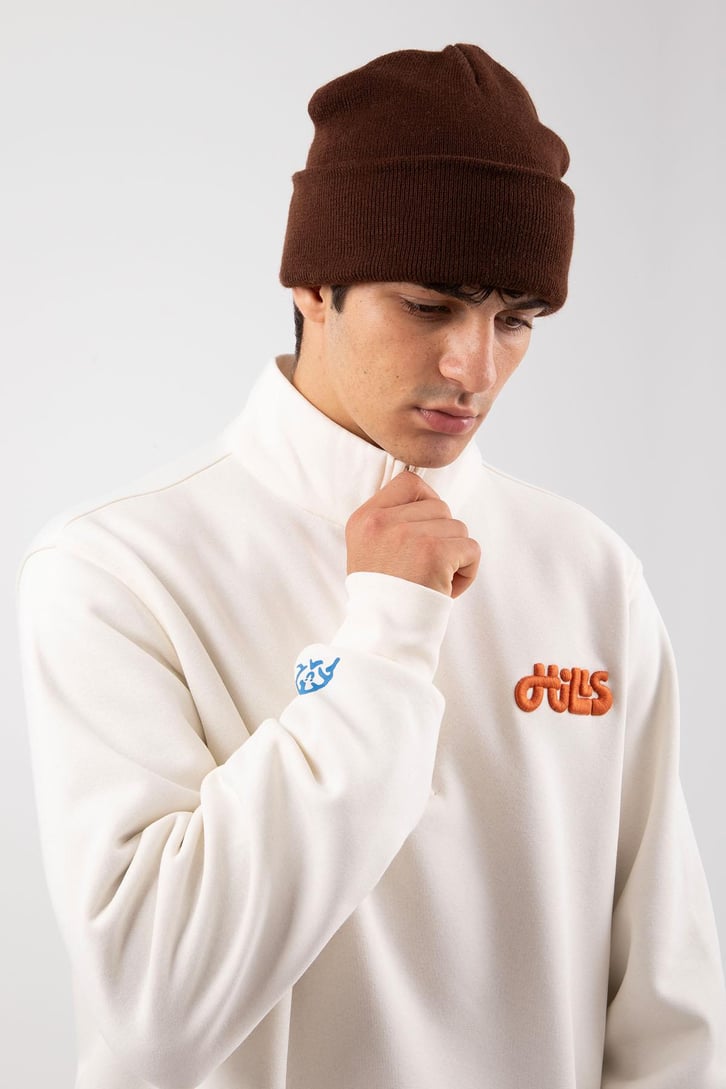 Yarım Fermuarlı Hills Nakışlı Ekru Oversize Sweatshirt