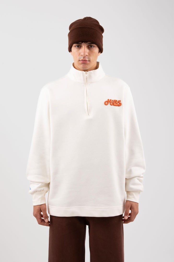 Yarım Fermuarlı Hills Nakışlı Ekru Oversize Sweatshirt