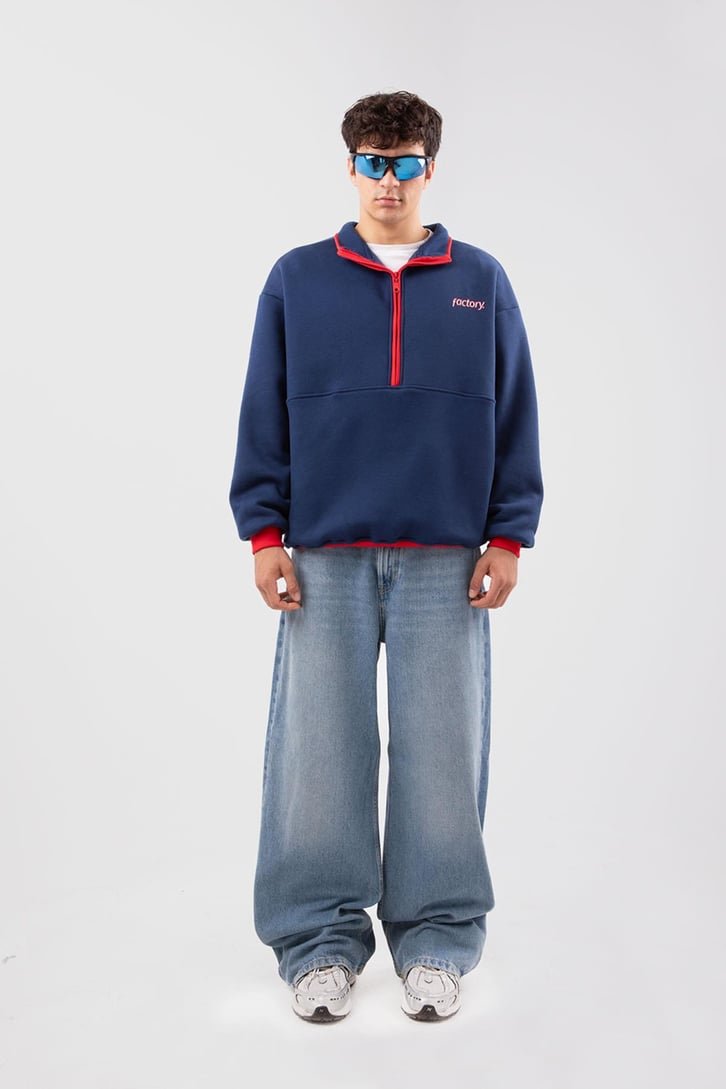Yarım Fermuarlı Vıntage Beyaz Oversize Sweatshirt