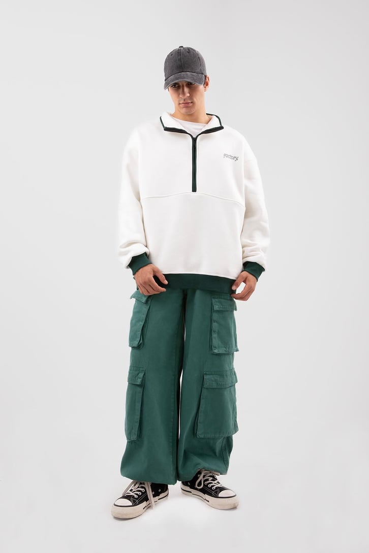 Yarım Fermuarlı Vıntage Beyaz Oversize Sweatshirt