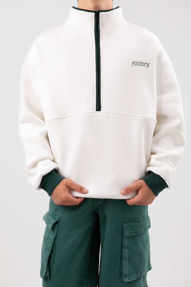 Yarım Fermuarlı Vıntage Beyaz Oversize Sweatshirt
