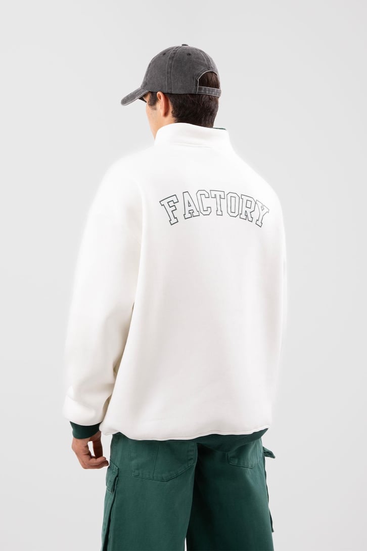 Yarım Fermuarlı Vıntage Beyaz Oversize Sweatshirt