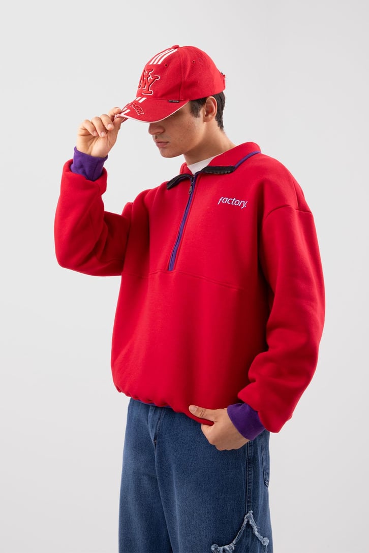 Yarım Fermuarlı Vıntage Beyaz Oversize Sweatshirt