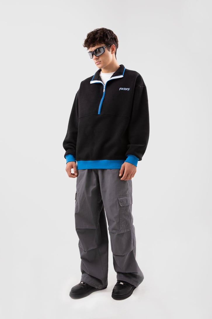 Yarım Fermuarlı Vıntage Beyaz Oversize Sweatshirt