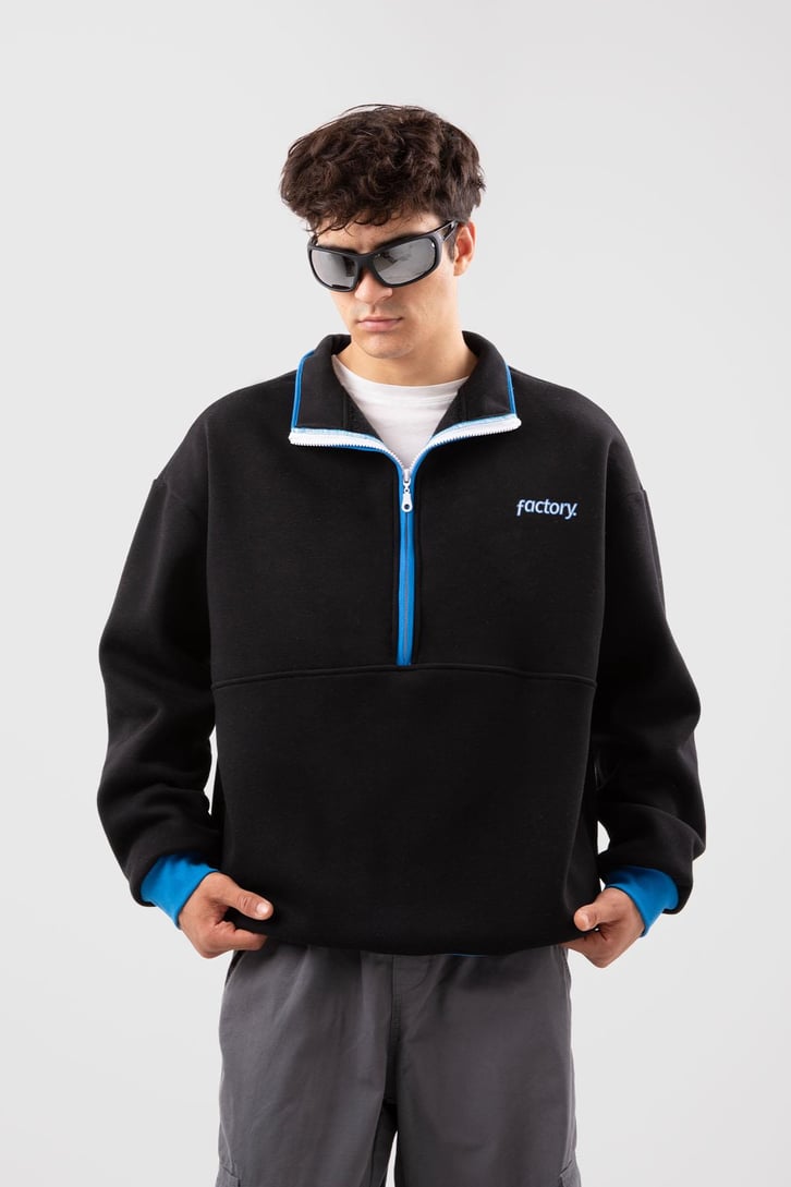 Yarım Fermuarlı Vıntage Beyaz Oversize Sweatshirt