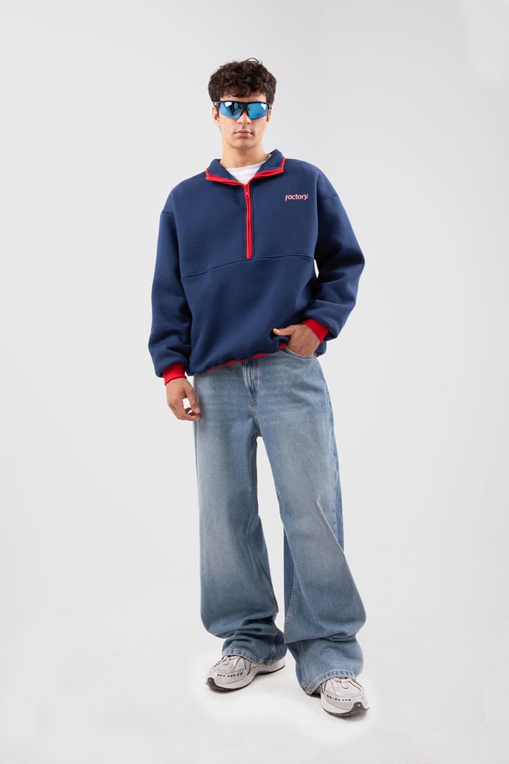 Yarım Fermuarlı Vıntage Beyaz Oversize Sweatshirt