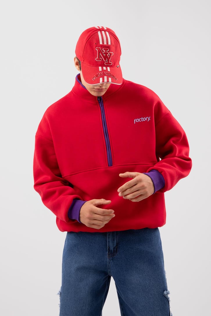 Yarım Fermuarlı Vıntage Beyaz Oversize Sweatshirt