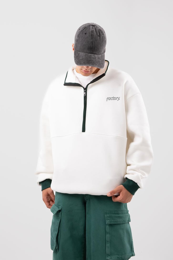 Yarım Fermuarlı Vıntage Beyaz Oversize Sweatshirt