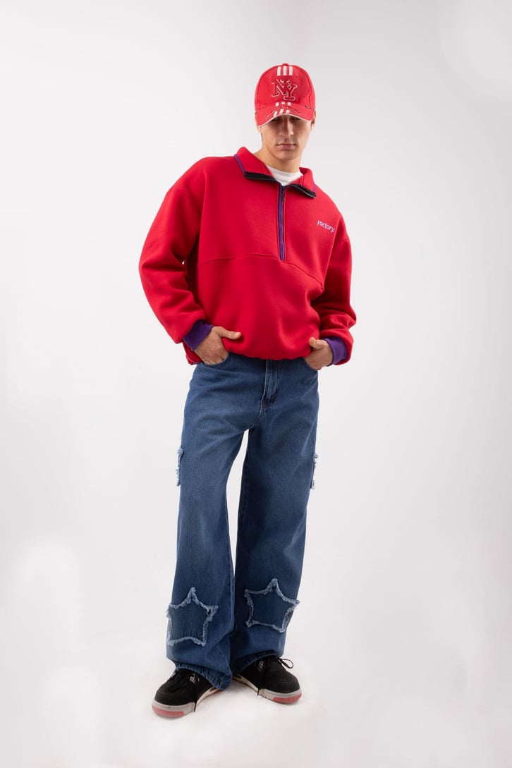 Yarım Fermuarlı Vıntage Beyaz Oversize Sweatshirt