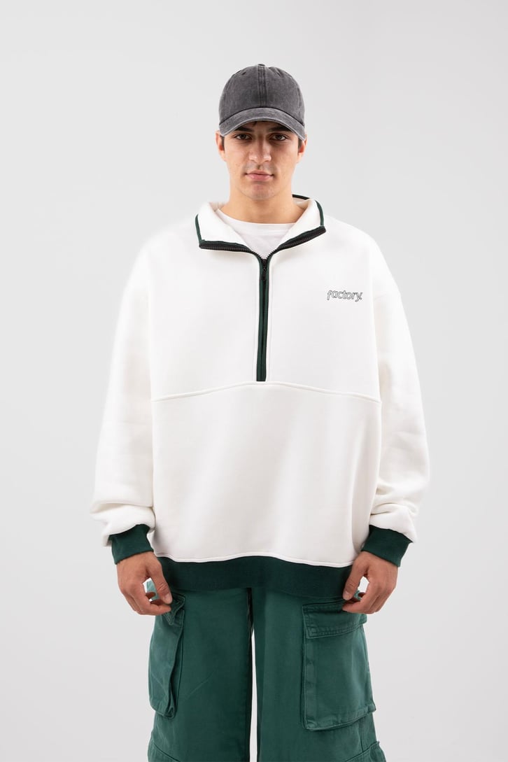 Yarım Fermuarlı Vıntage Beyaz Oversize Sweatshirt