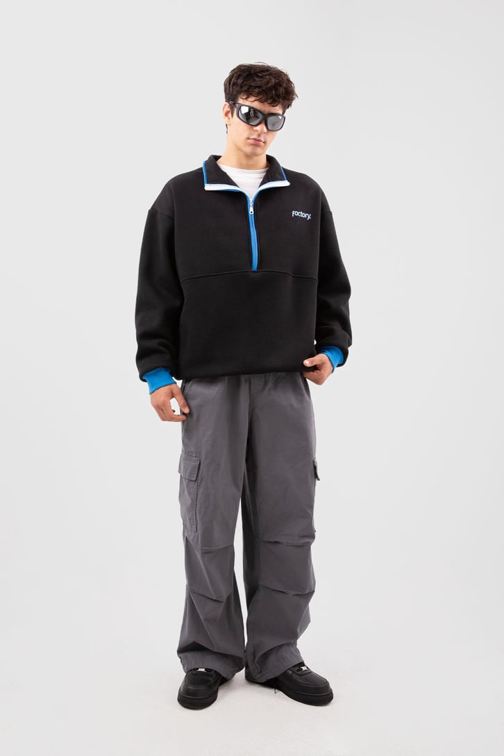 Yarım Fermuarlı Vıntage Beyaz Oversize Sweatshirt