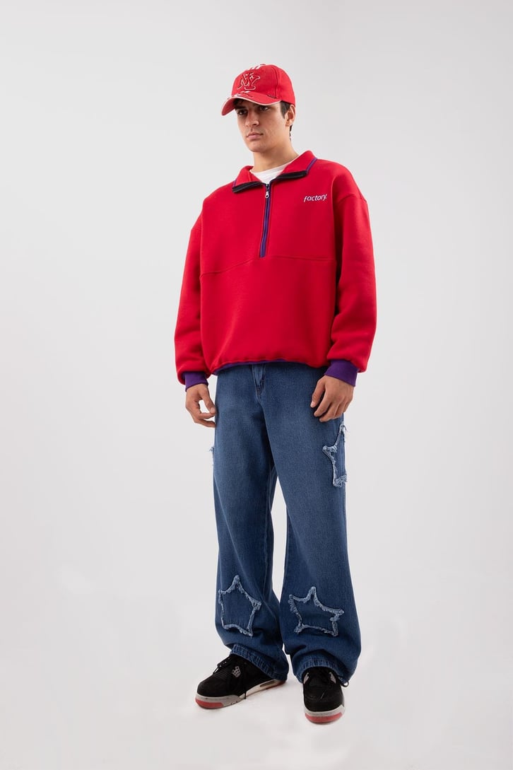 Yarım Fermuarlı Vıntage Beyaz Oversize Sweatshirt