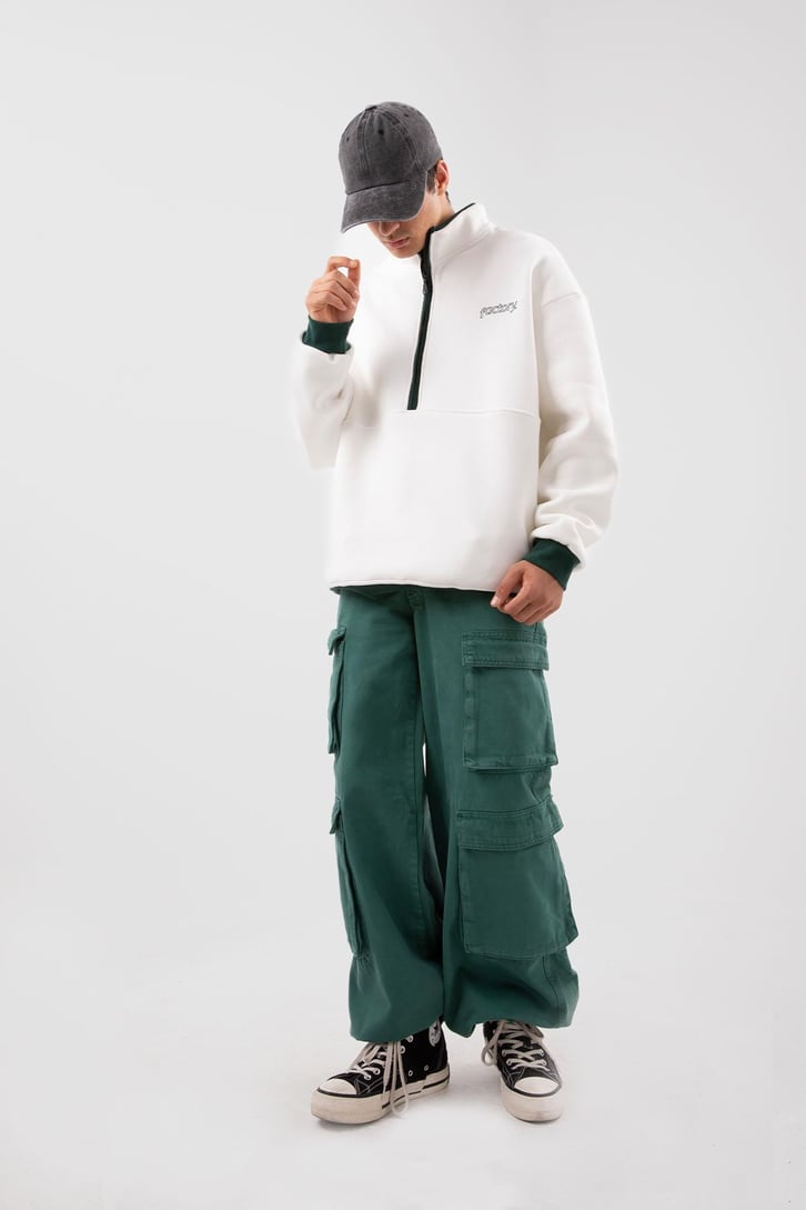 Yarım Fermuarlı Vıntage Beyaz Oversize Sweatshirt