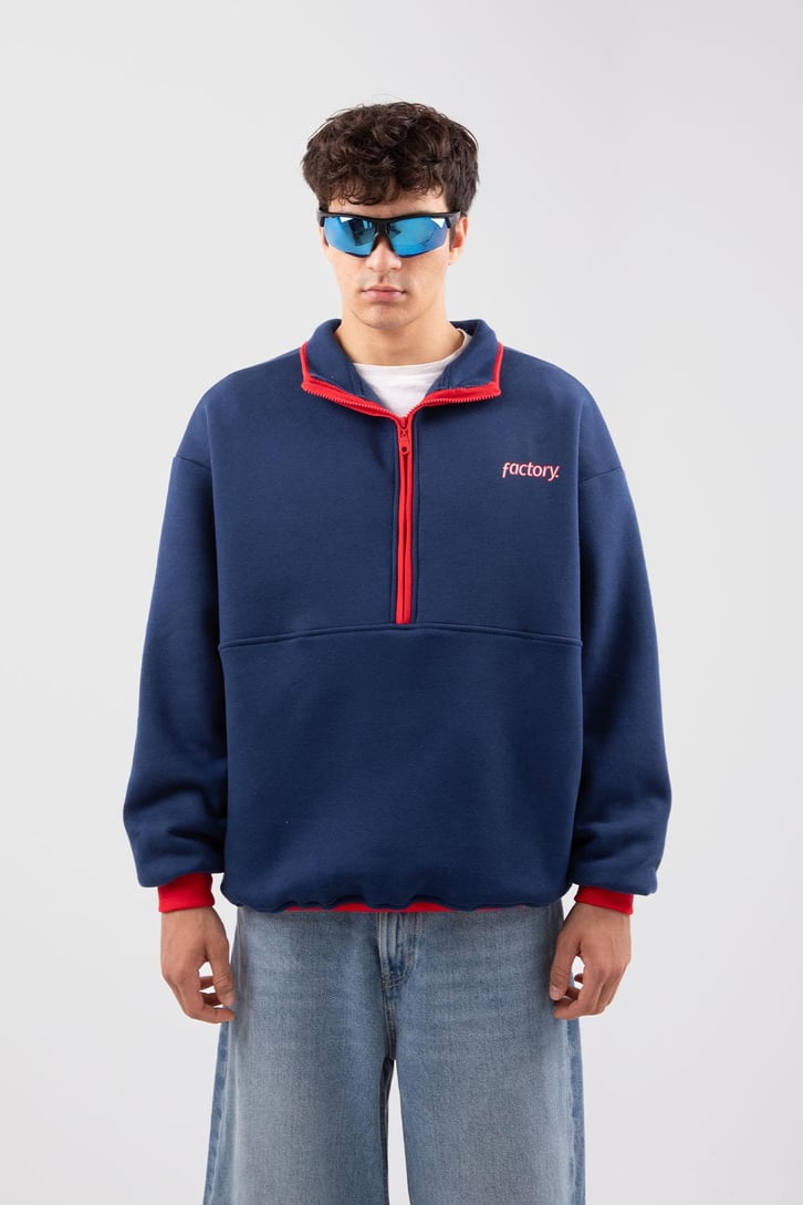 Yarım Fermuarlı Vıntage Beyaz Oversize Sweatshirt