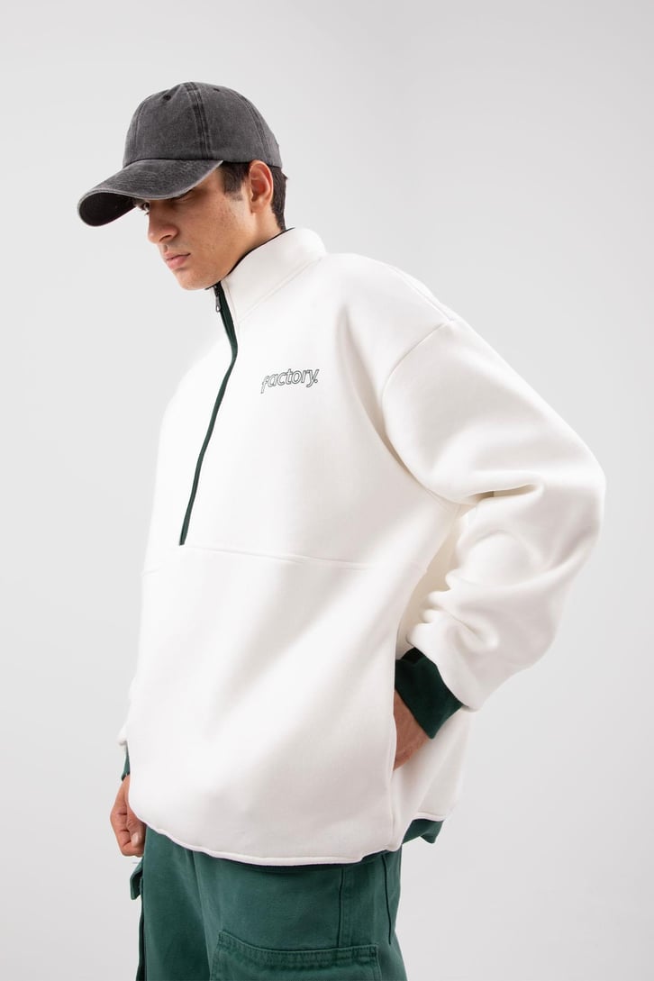 Yarım Fermuarlı Vıntage Beyaz Oversize Sweatshirt