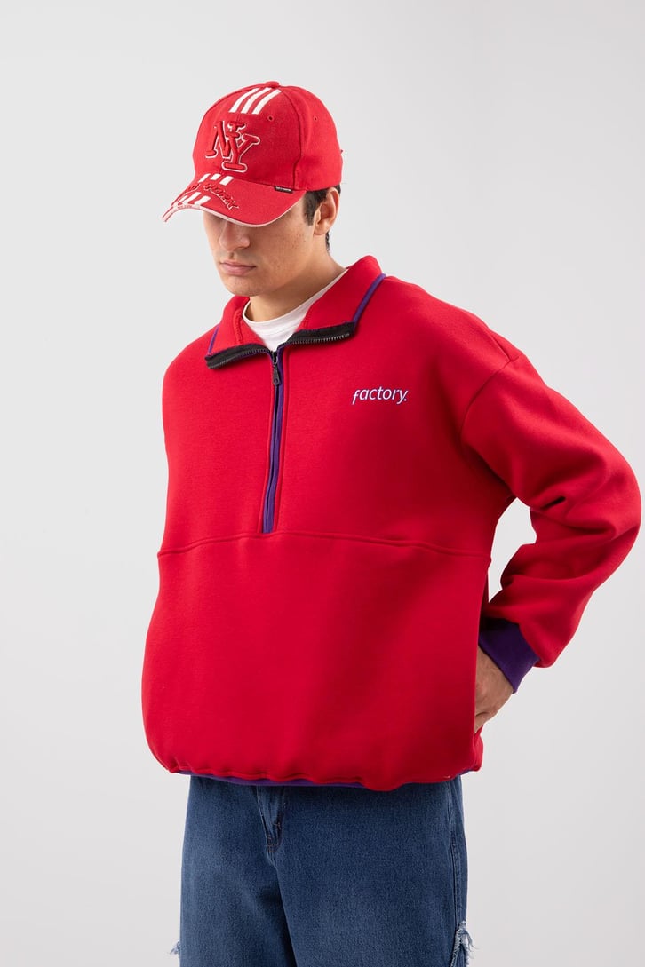 Yarım Fermuarlı Vıntage Beyaz Oversize Sweatshirt
