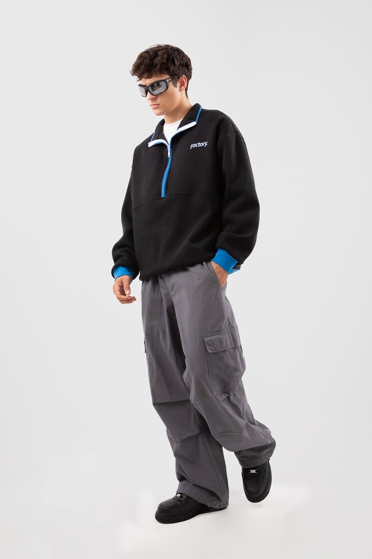 Yarım Fermuarlı Vıntage Beyaz Oversize Sweatshirt