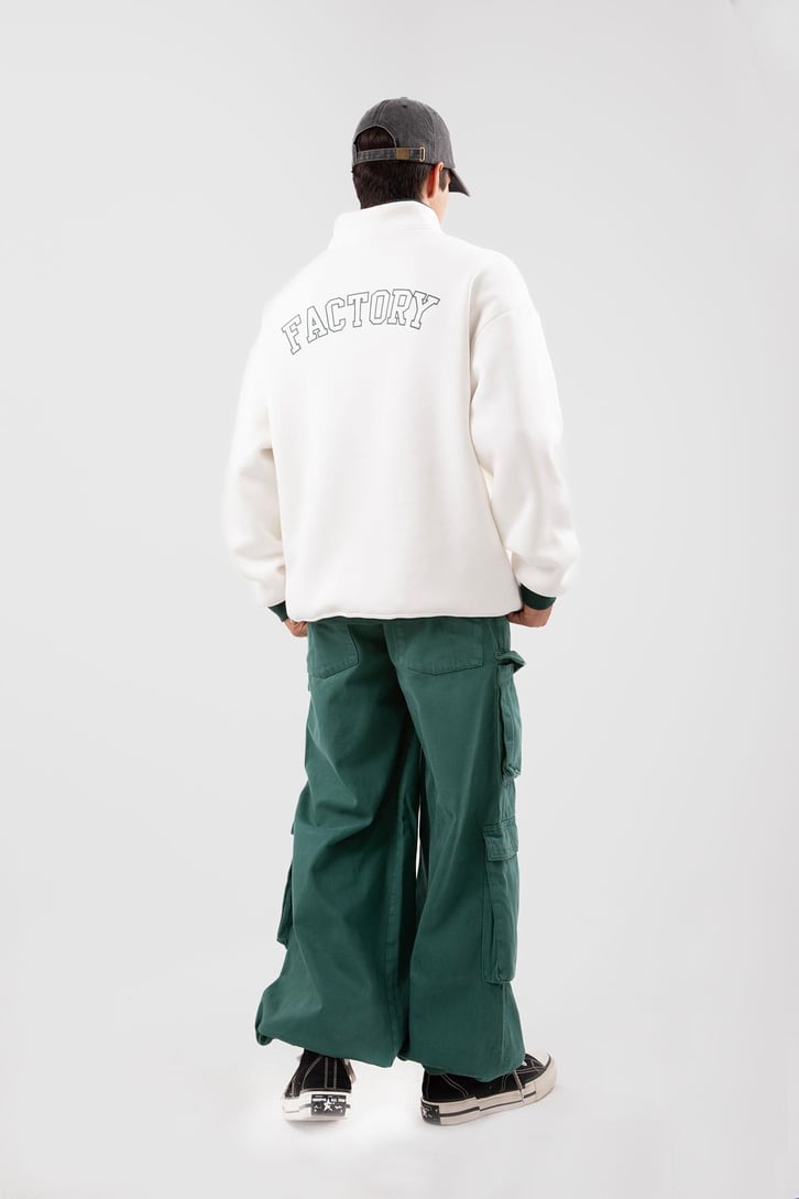 Yarım Fermuarlı Vıntage Beyaz Oversize Sweatshirt