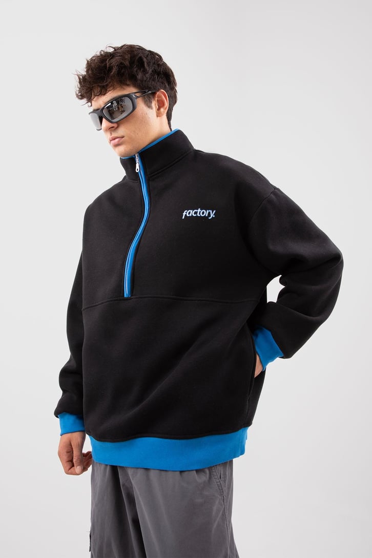 Yarım Fermuarlı Vıntage Beyaz Oversize Sweatshirt