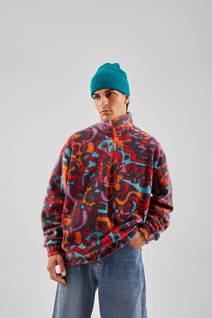 Yarım Yaka Desenli Yeşil Oversize Sweatshirt