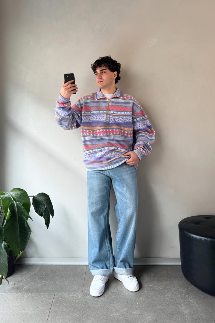 Yarım Yaka Desenli Yeşil Oversize Sweatshirt