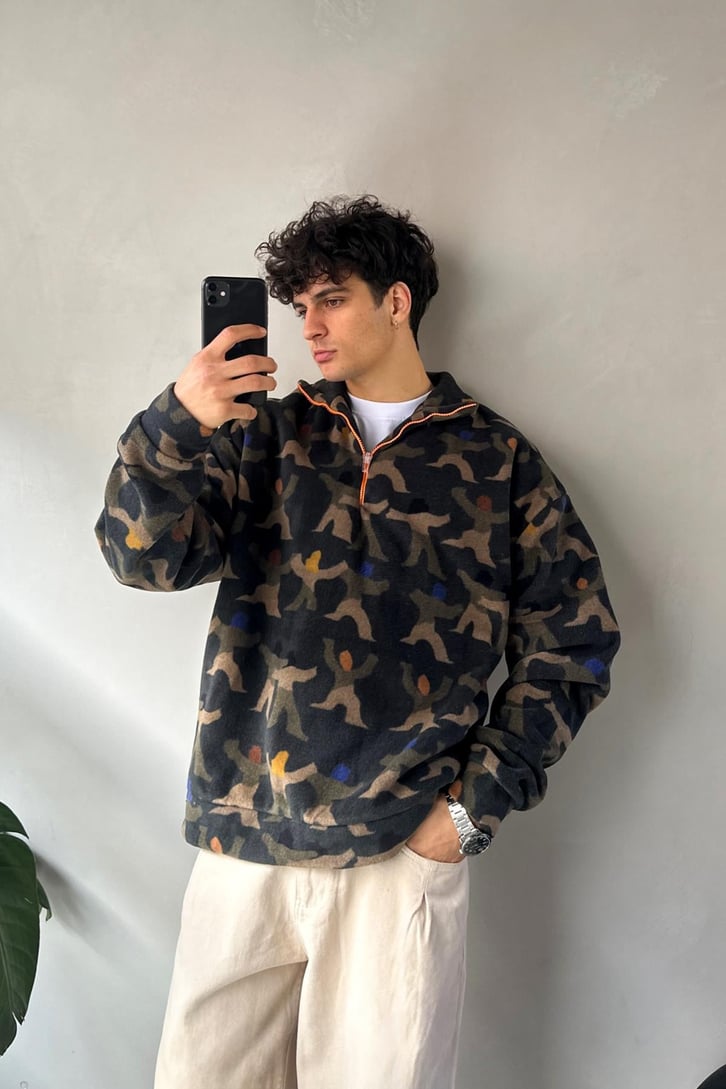 Yarım Yaka Desenli Yeşil Oversize Sweatshirt