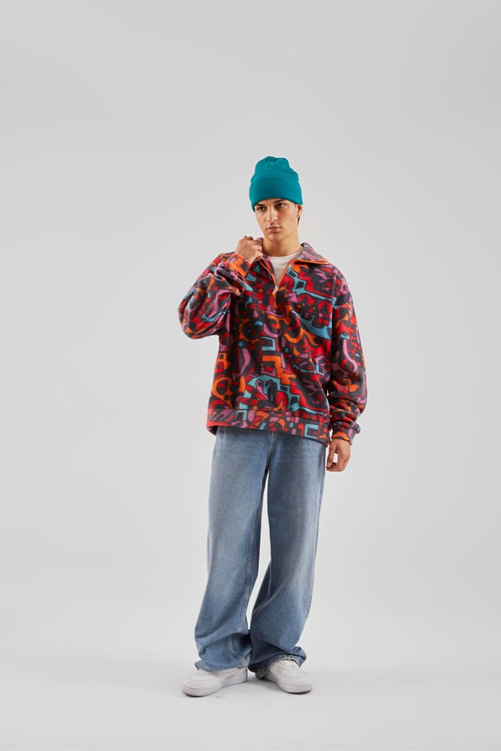 Yarım Yaka Desenli Yeşil Oversize Sweatshirt