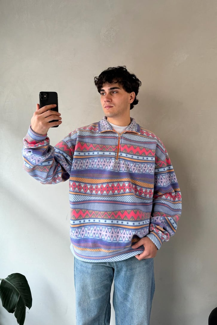 Yarım Yaka Desenli Yeşil Oversize Sweatshirt