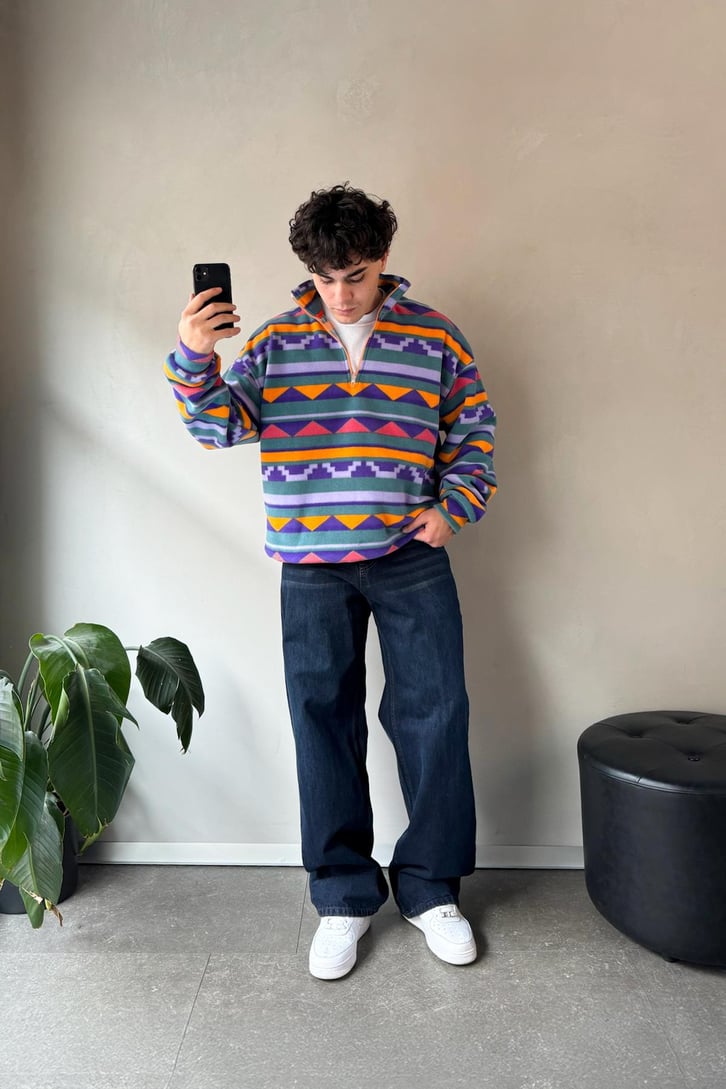 Yarım Yaka Desenli Yeşil Oversize Sweatshirt