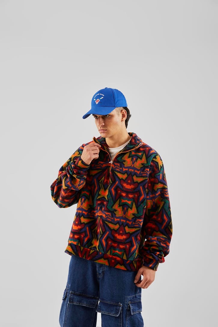 Yarım Yaka Desenli Yeşil Oversize Sweatshirt