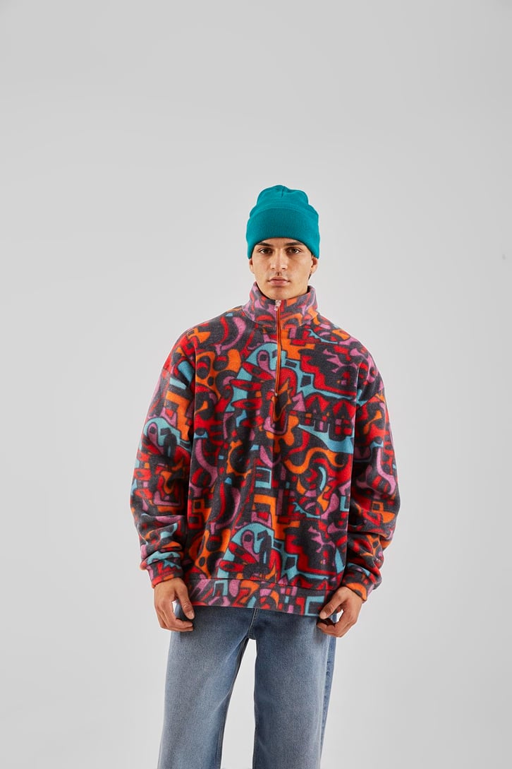 Yarım Yaka Desenli Yeşil Oversize Sweatshirt