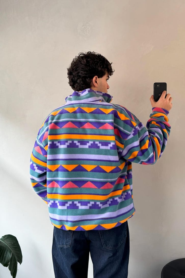 Yarım Yaka Desenli Yeşil Oversize Sweatshirt