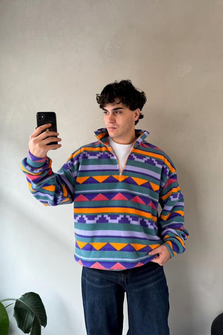 Yarım Yaka Desenli Yeşil Oversize Sweatshirt