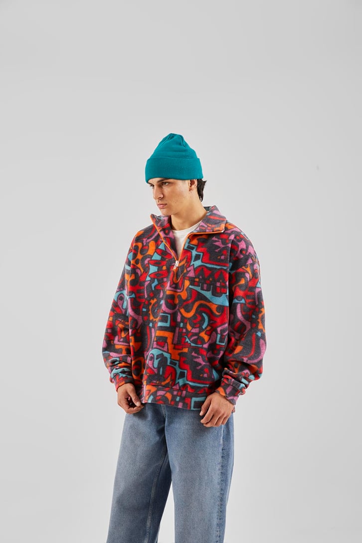 Yarım Yaka Desenli Yeşil Oversize Sweatshirt
