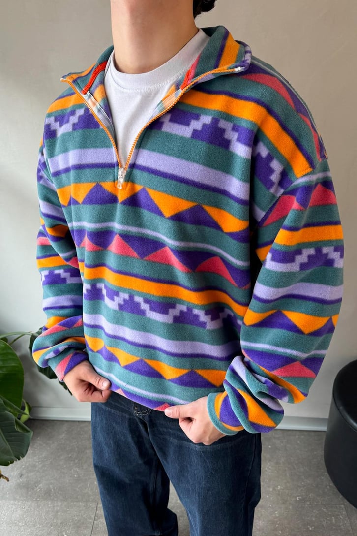 Yarım Yaka Desenli Yeşil Oversize Sweatshirt