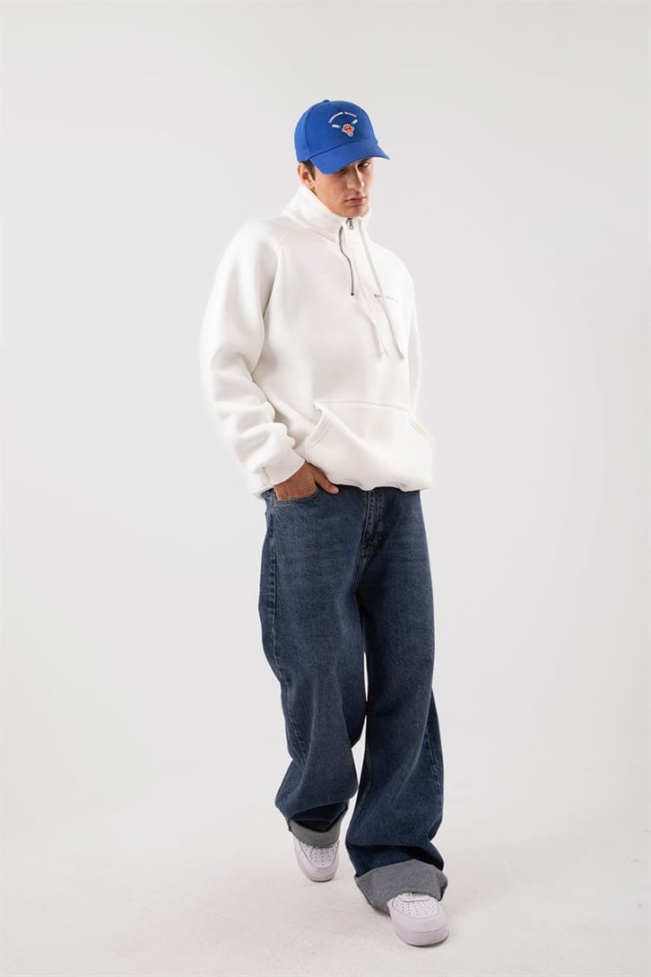 Yarım Zip Yaka Ekru Oversize Sweatshirt